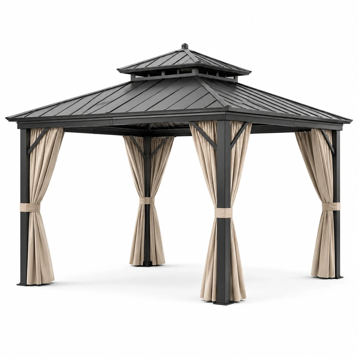 Pavillon en métal gris avec rideaux polyester beige 3m x 3m