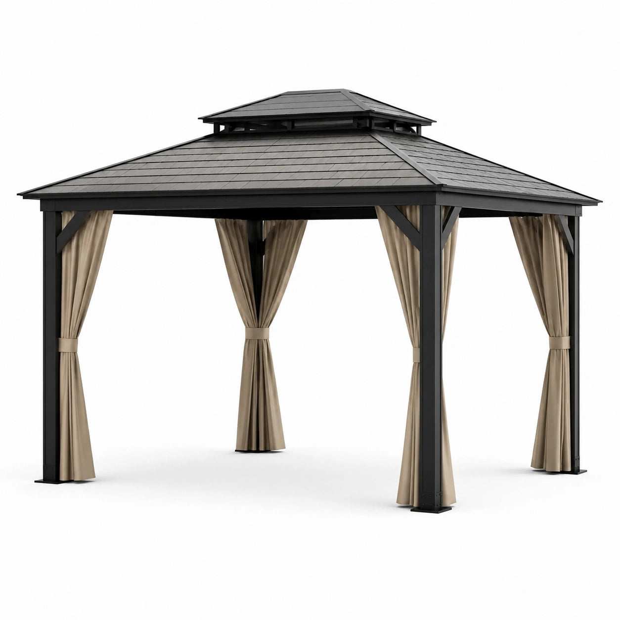 Pavillon en métal avec rideaux en polyester beige 3x4m