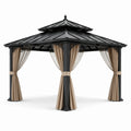 Pavillon de jardin en métal avec rideaux en polyester beige et noir 350x350 cm
