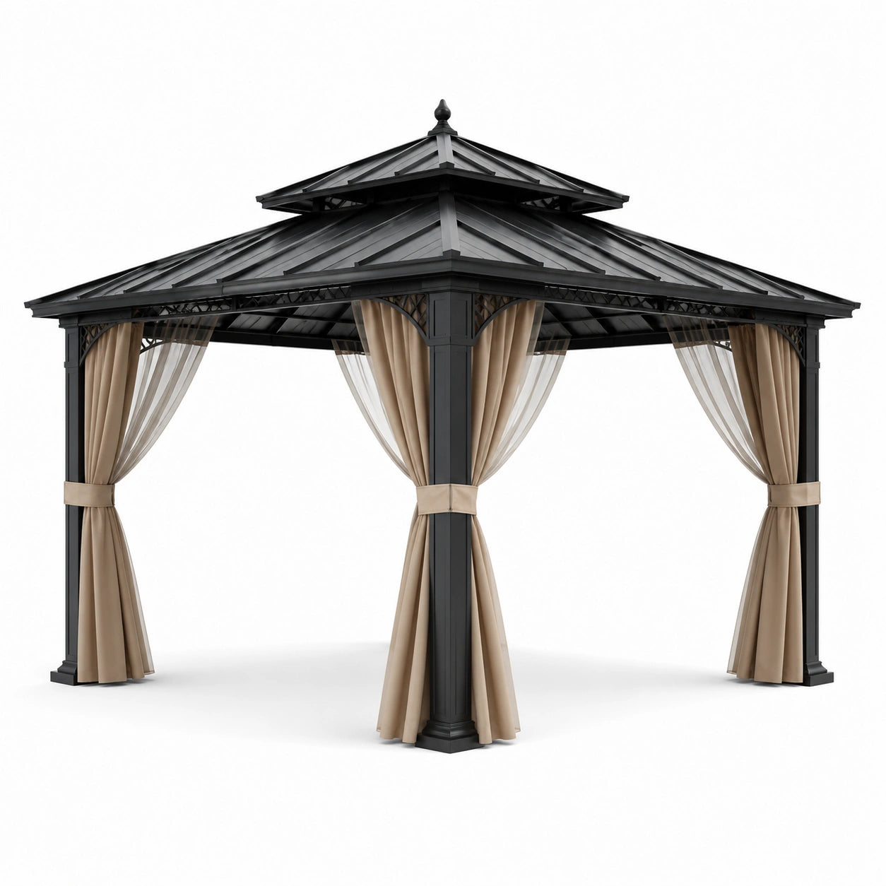 Pavillon de jardin en métal avec rideaux en polyester beige et noir 350x350 cm