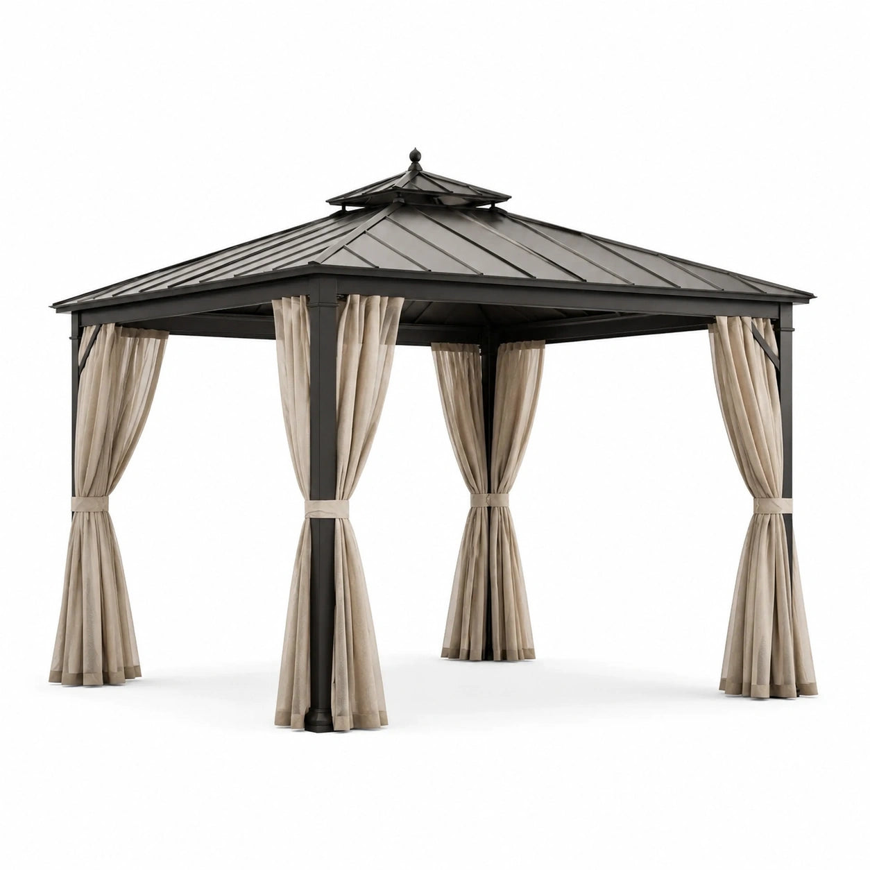 Pavillon en aluminium avec toit en métal et rideaux beiges