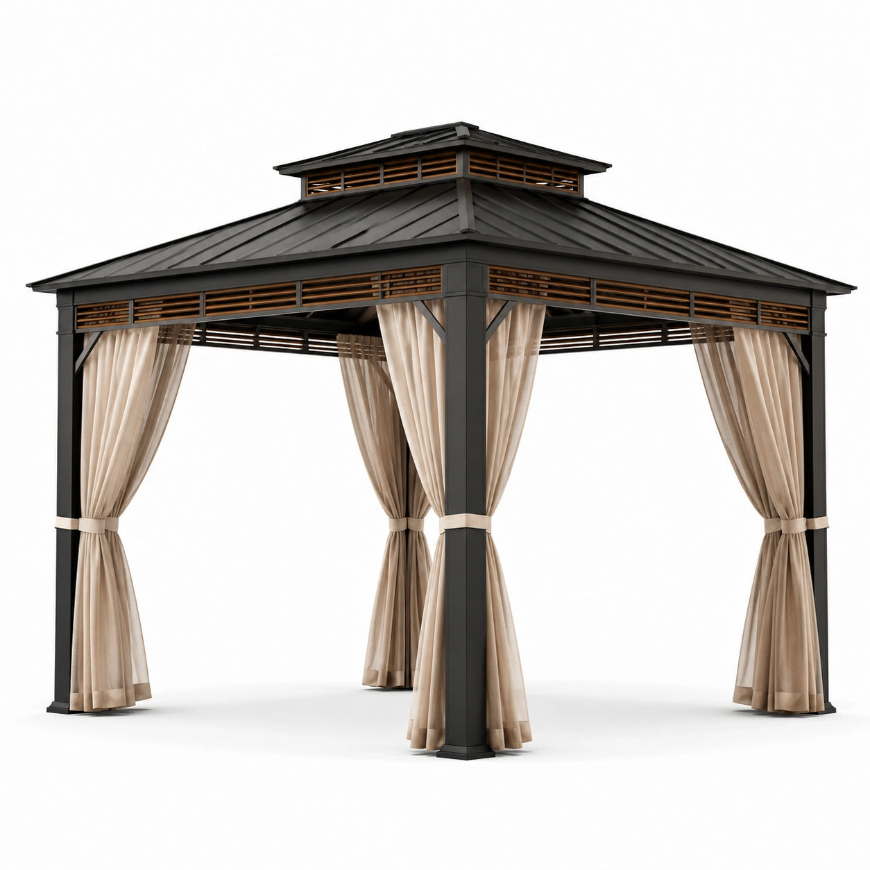 Pavillon de jardin en métal noir avec rideaux en polyester beige