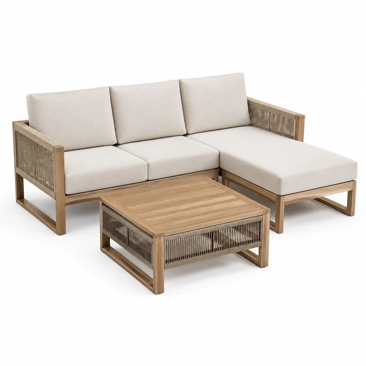 Ensemble de salon de jardin en bois avec coussins en polyester beige