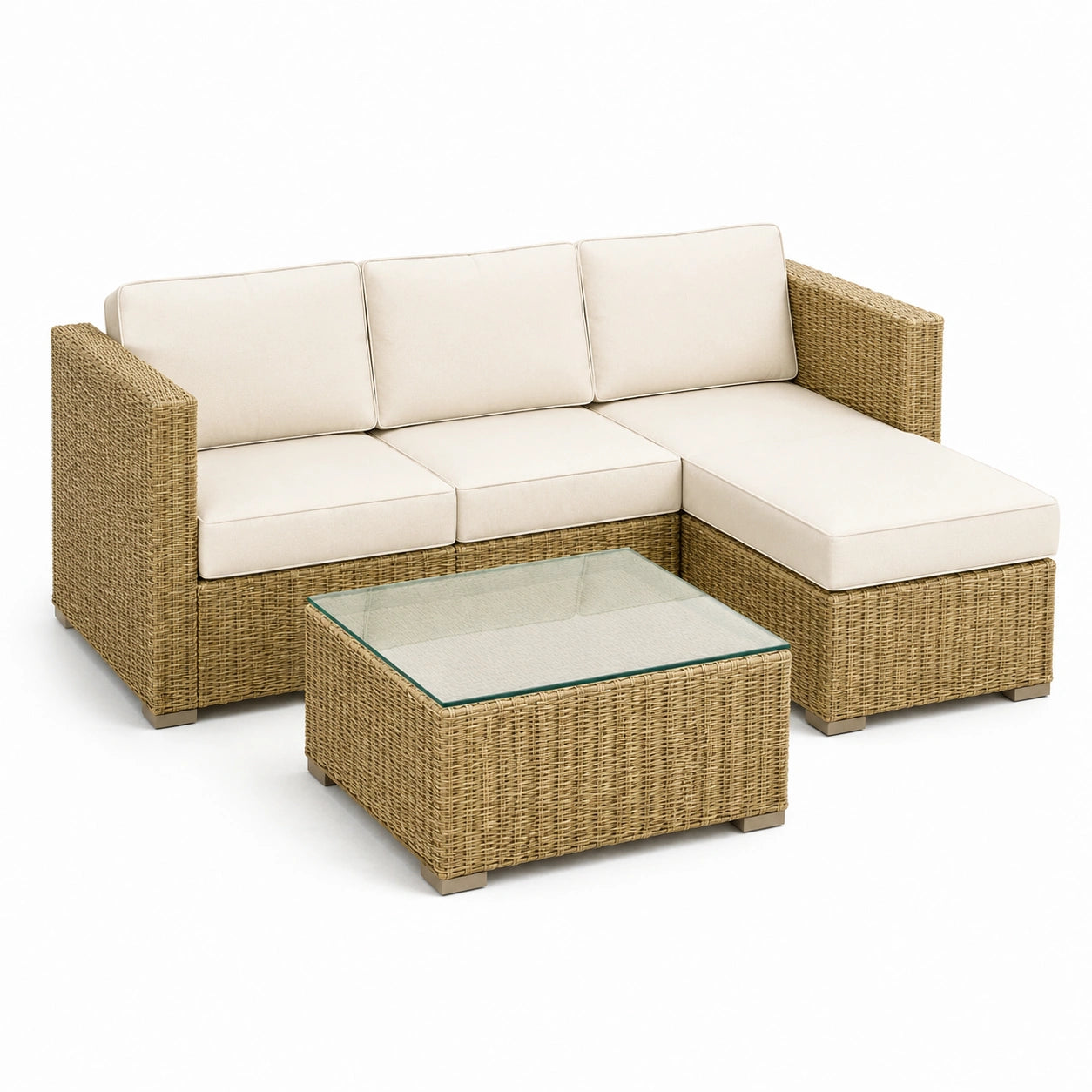 Ensemble de salon en rotin avec table basse en verre