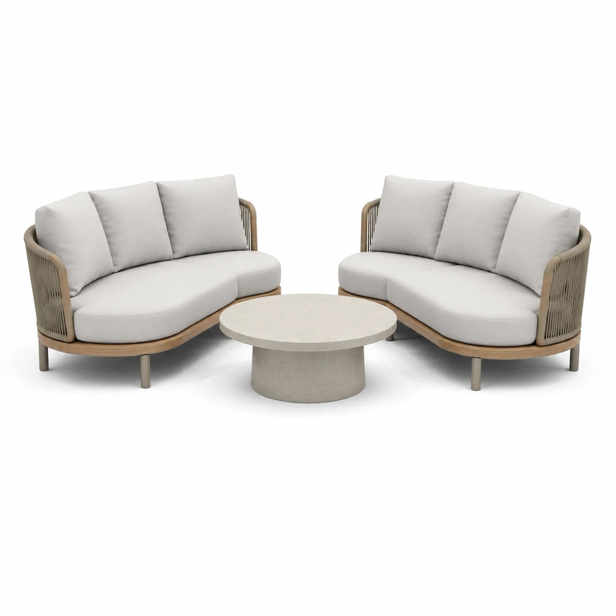 Ensemble de jardin en bois, corde et tissu gris avec table basse en béton