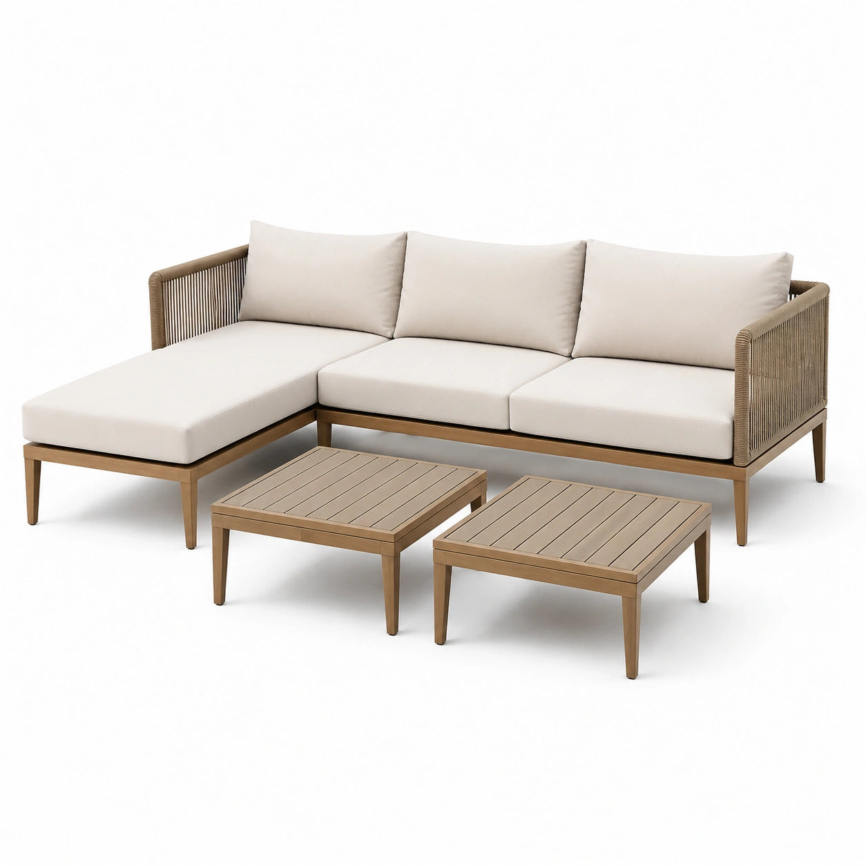 Salon de jardin en aluminium avec coussins en polyester et tables basses