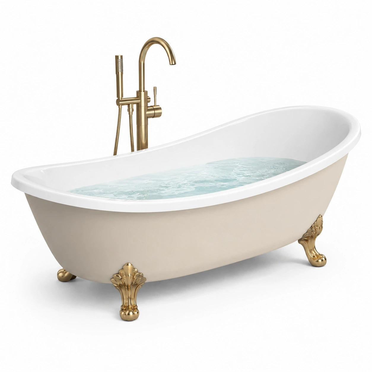Baignoire îlot en acrylique blanc avec pieds en laiton doré