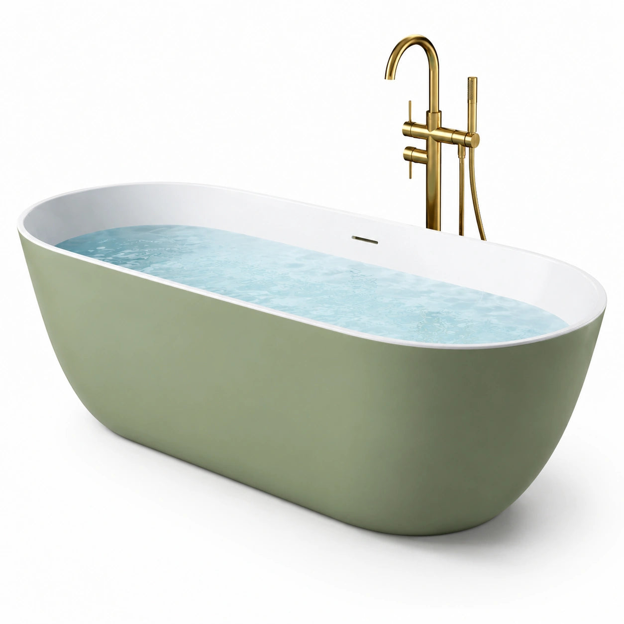 Baignoire îlot acrylique vert olive et blanc avec robinet doré 170 cm