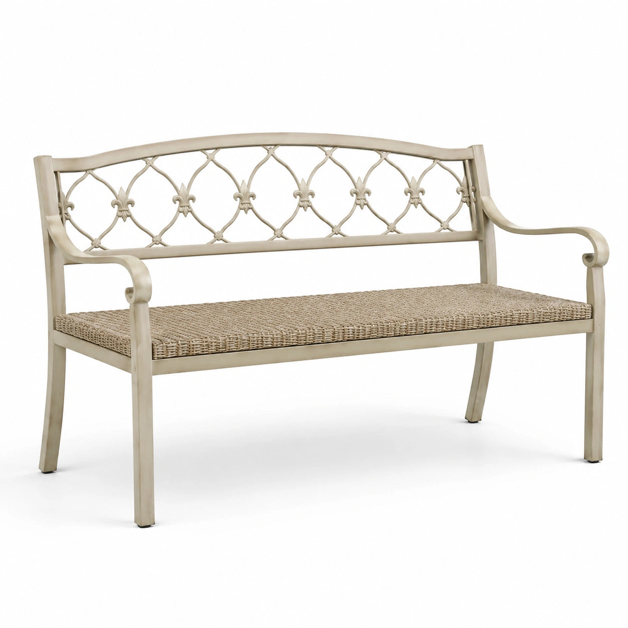 Banc d'extérieur en aluminium et assise en osier beige