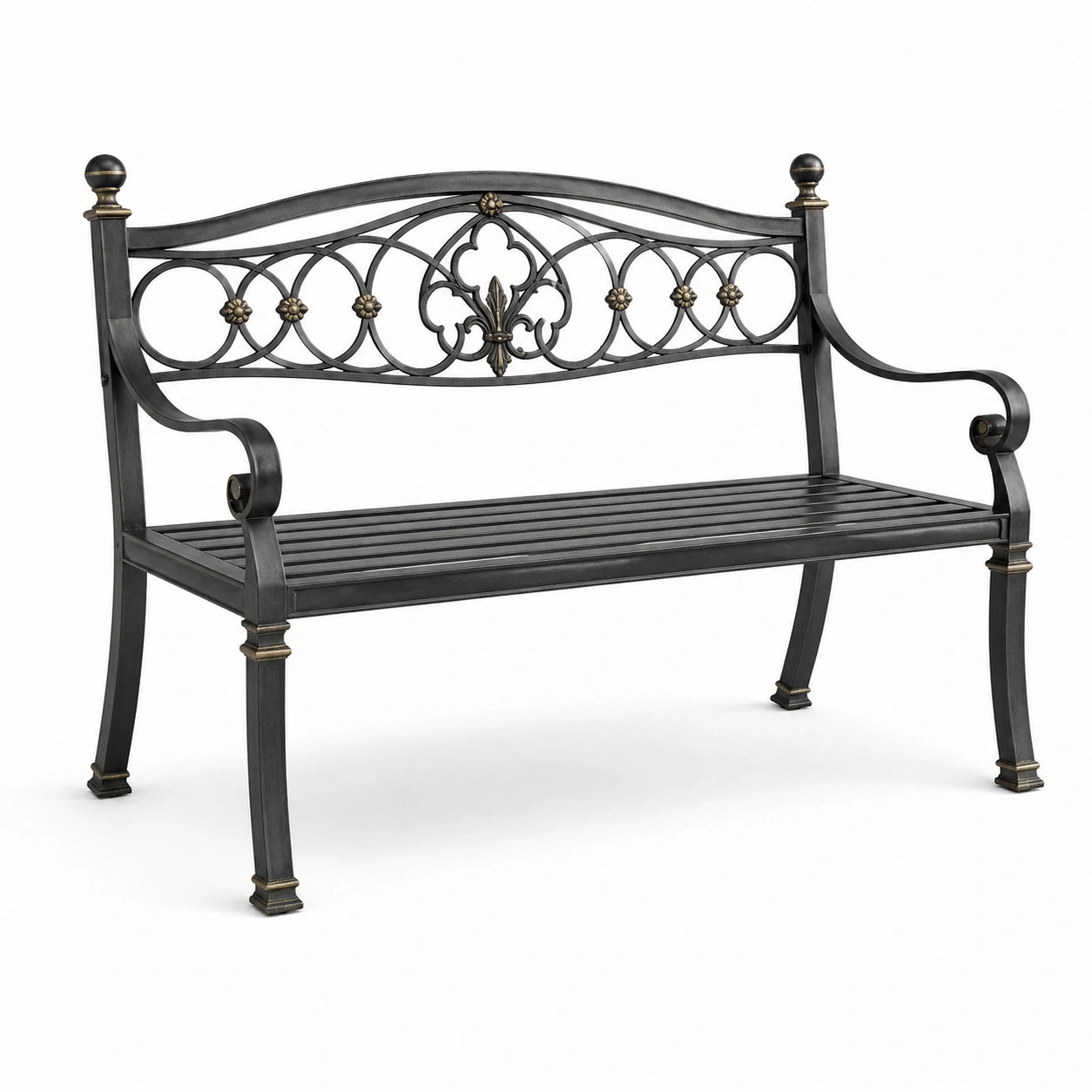 Banc de jardin en métal avec détails décoratifs 128 cm