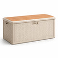 Coffre de rangement en plastique effet rotin avec couvercle en bois, beige