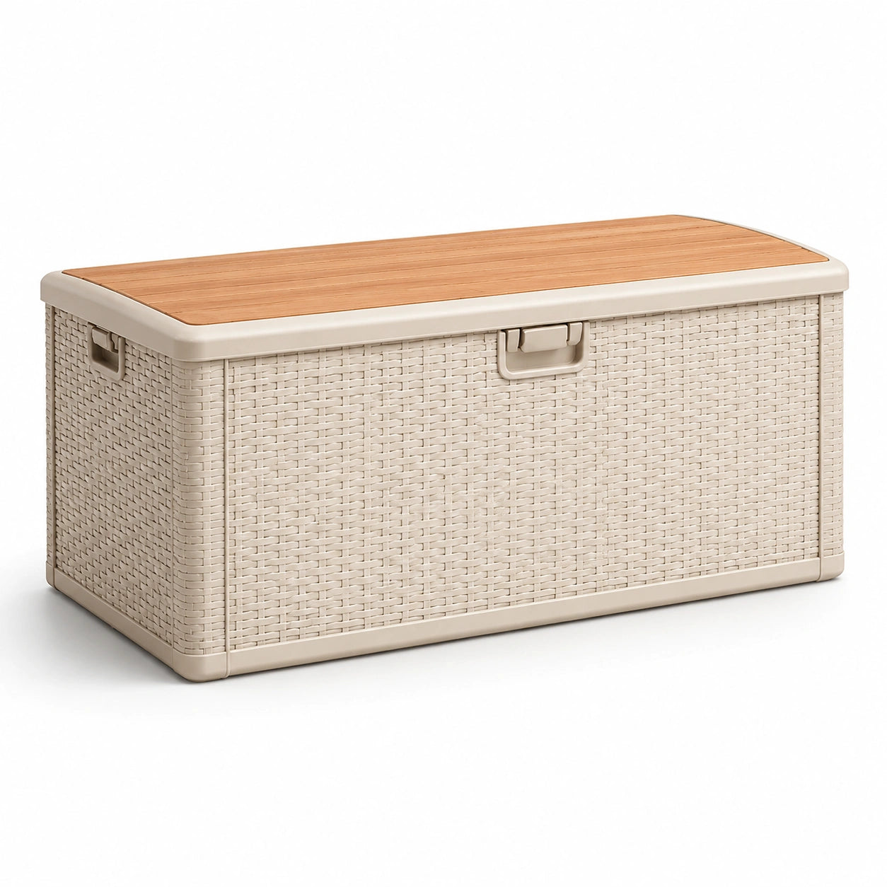 Coffre de rangement en plastique effet rotin avec couvercle en bois, beige