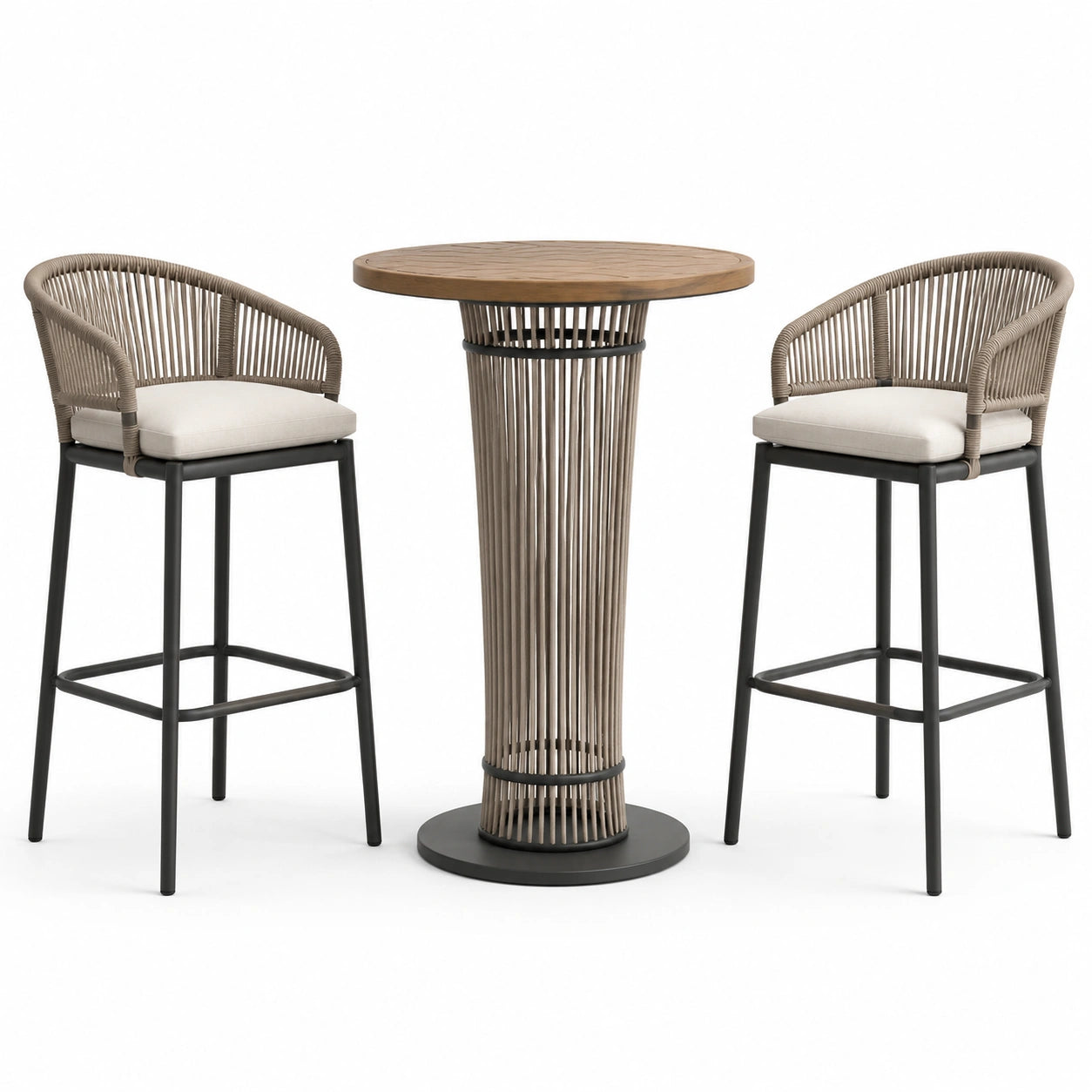 Ensemble table haute en bois et tabourets en acier avec corde