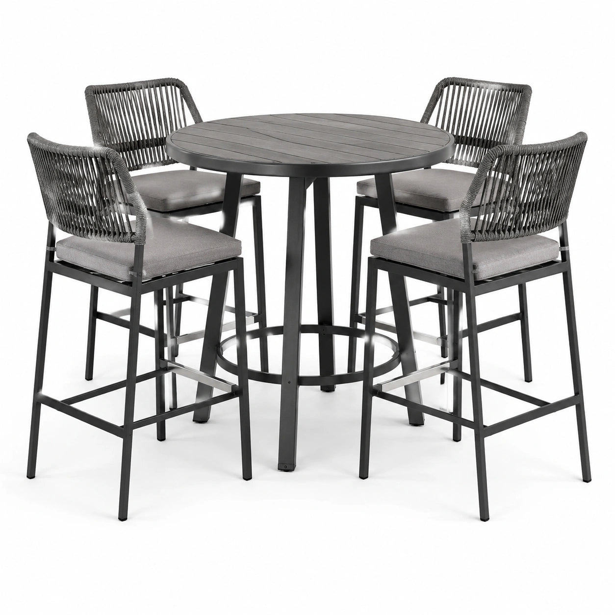 Ensemble de table haute et tabourets en métal et corde gris