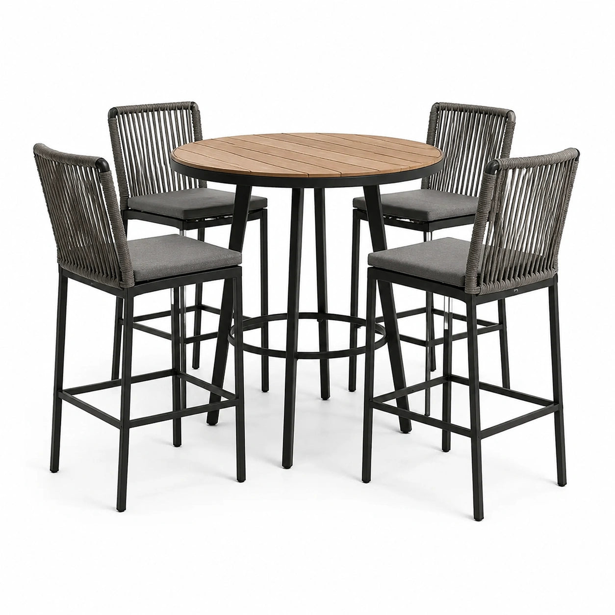 Ensemble de table haute ronde en métal et teck avec tabourets gris/noir