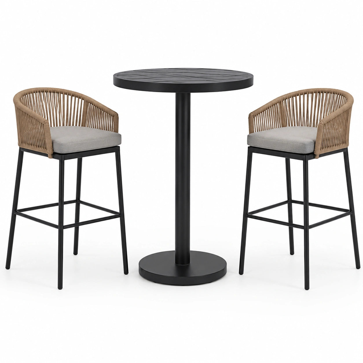 Ensemble de table ronde en métal avec tabourets en corde tressée et coussins gris