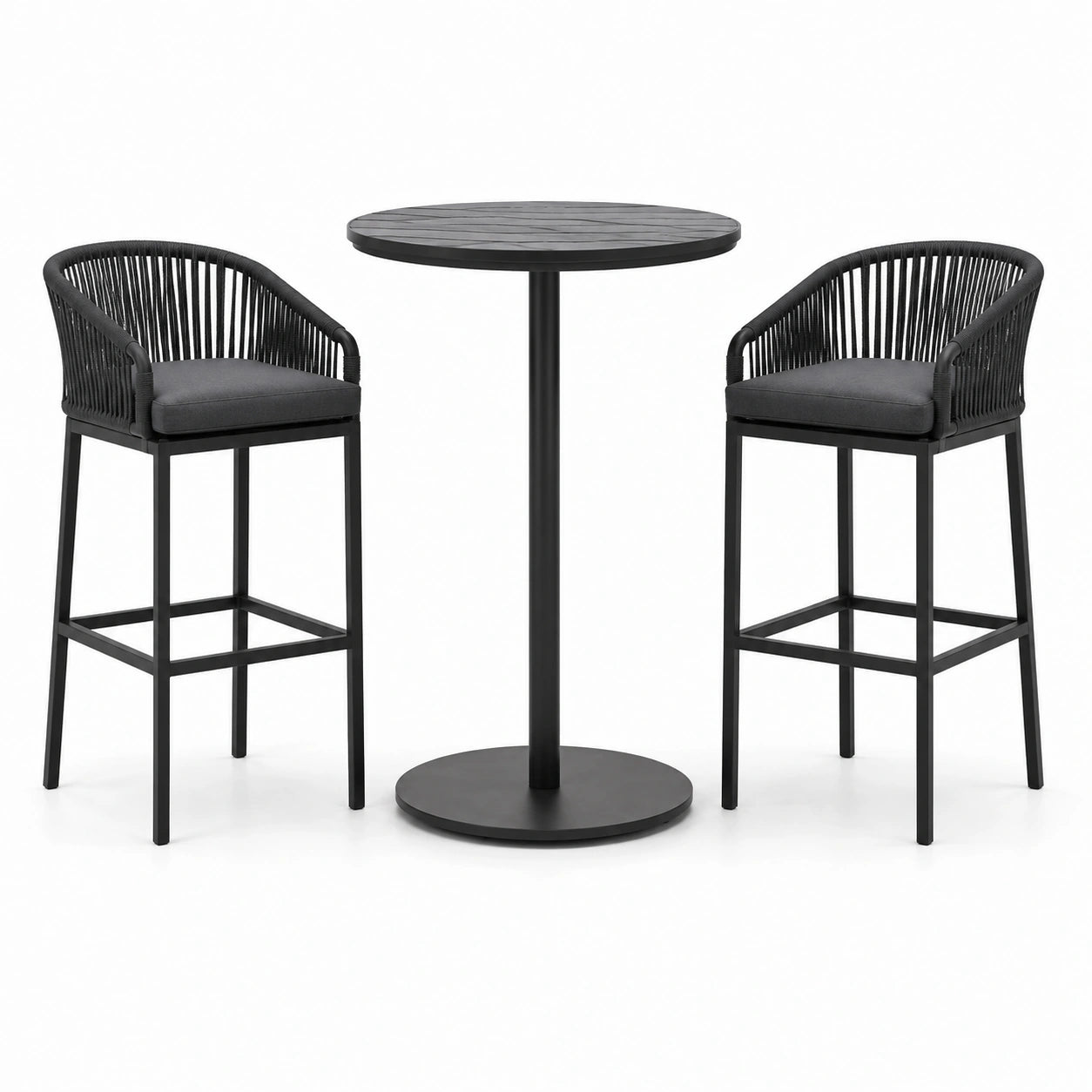Ensemble table haute et tabourets en métal et corde synthétique noir