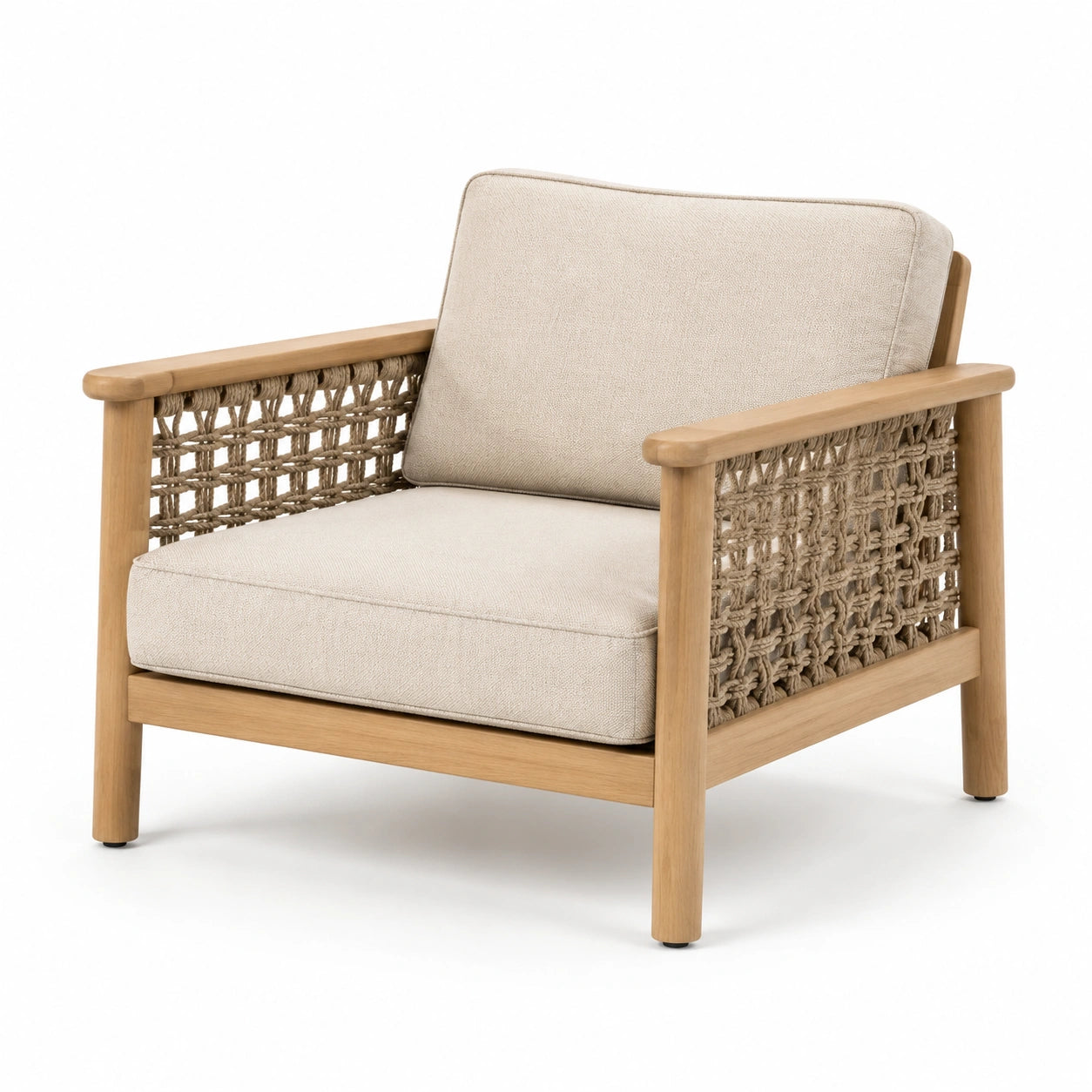 Fauteuil en bois d'acacia et corde de jute avec tissu beige