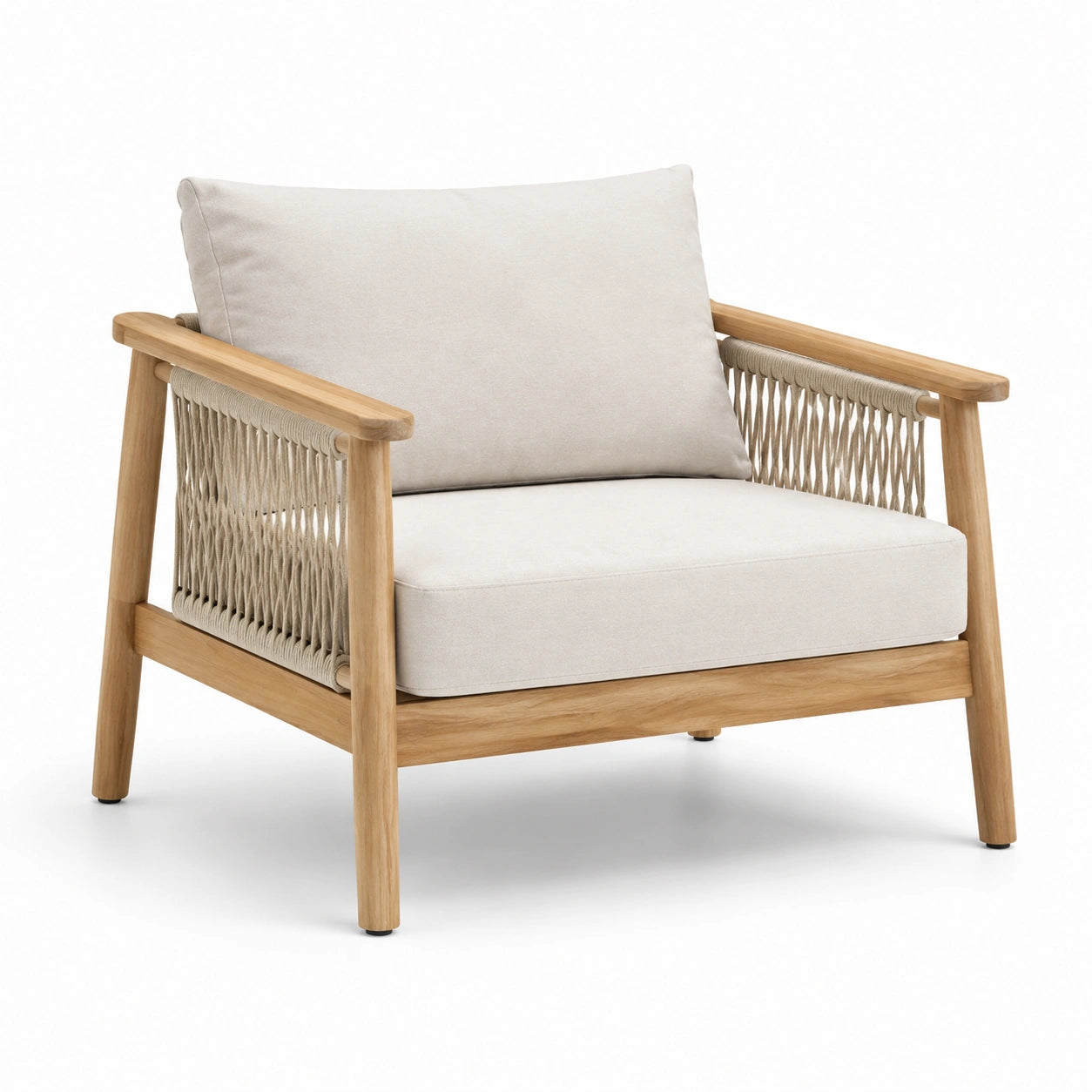 Fauteuil en bois de teck avec corde tressée et coussins en polyester beige