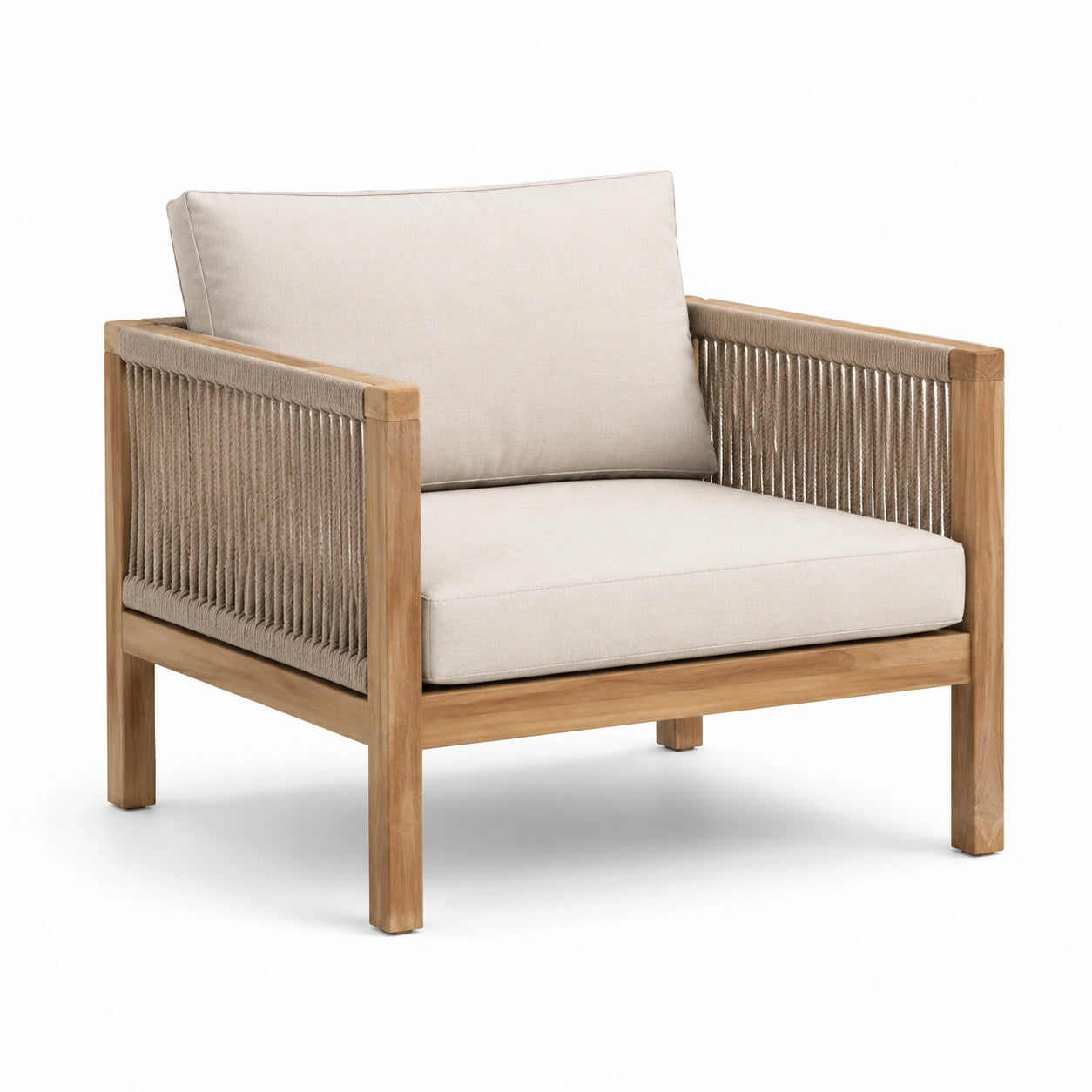 Fauteuil en teck avec coussins en polyester beige