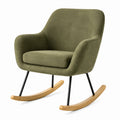 Fauteuil à bascule en tissu vert, pieds en bois et métal noir