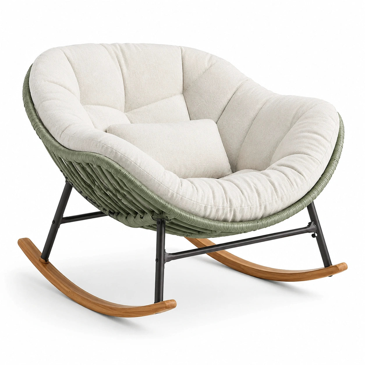 Fauteuil à bascule en rotin synthétique et tissu beige avec cadre en métal et pieds en bois